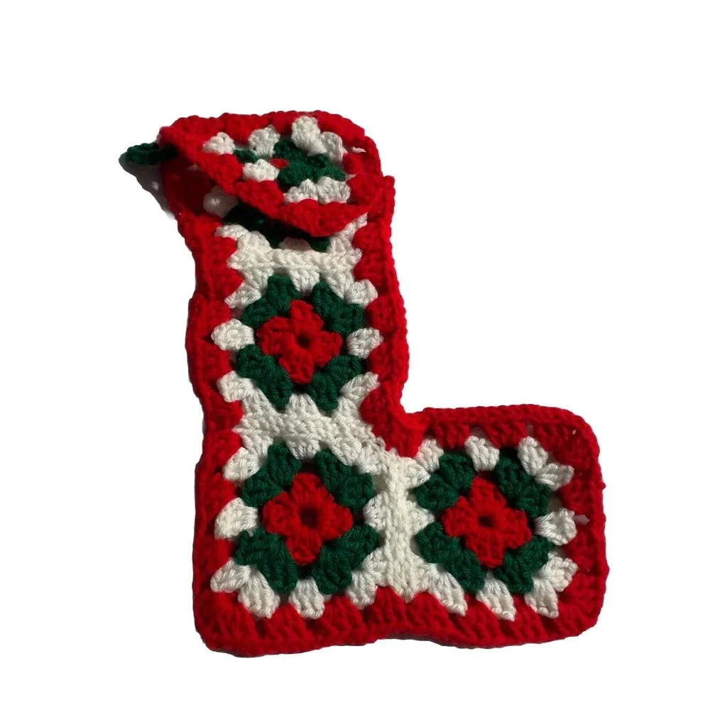 Vintage‎ Hand Crochet Red, White & Green Granny Square Christmas Stocking